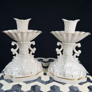 Lenox Vintage Aquarius Collection Ivory Porcelain w/Gold Trim Candle Holders (2)